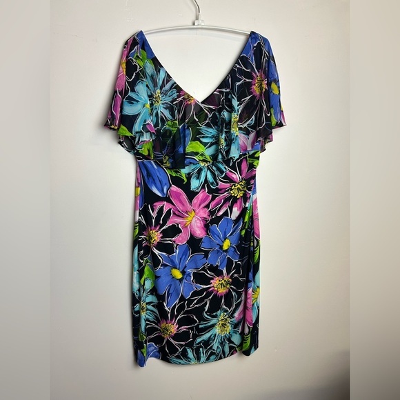 Connected Apparel Midi Dress Plus Sz 16 Floral Ruffle V-Neck Stretch Boho Artsy - Picture 3 of 11